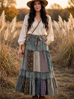 Young Threads Bohemian Patchwork Maxi Skirt - Large